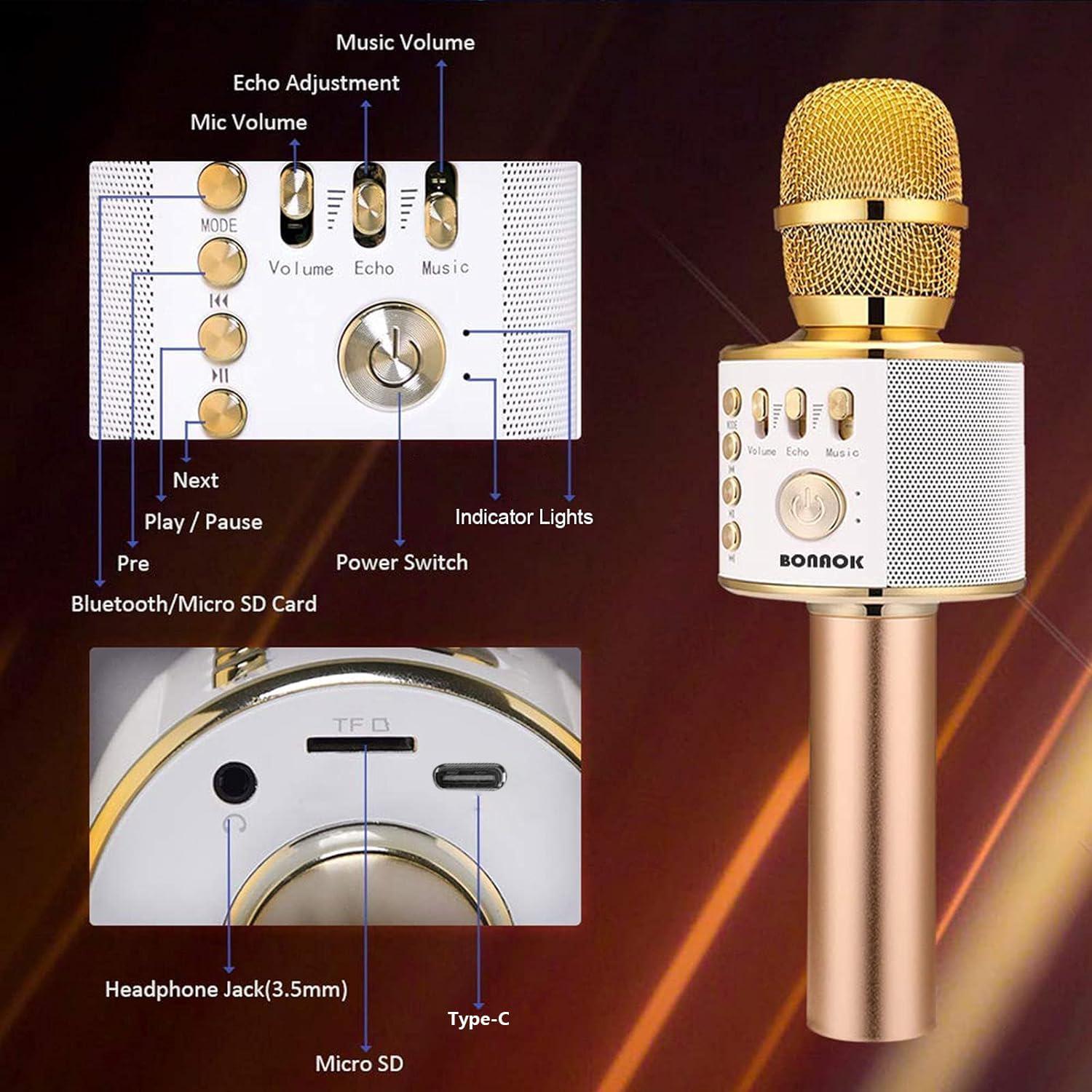 BONAOK Wireless Bluetooth Karaoke Microphone, 3-in-1 Portable Handheld Mic Speaker Machine For All Smartphones,Gifts For Girls Boys Kids Adults All Age Q37(Gold),645249270229