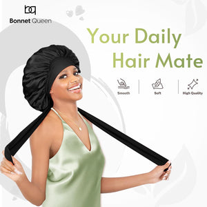 BONNET QUEEN BONNET QUEEN Silk Bonnet For Sleeping Women Satin Bonnet Hair Bonnet Night Sleep Cap Scarf Wrap For Curly Hair With Tie Band Black