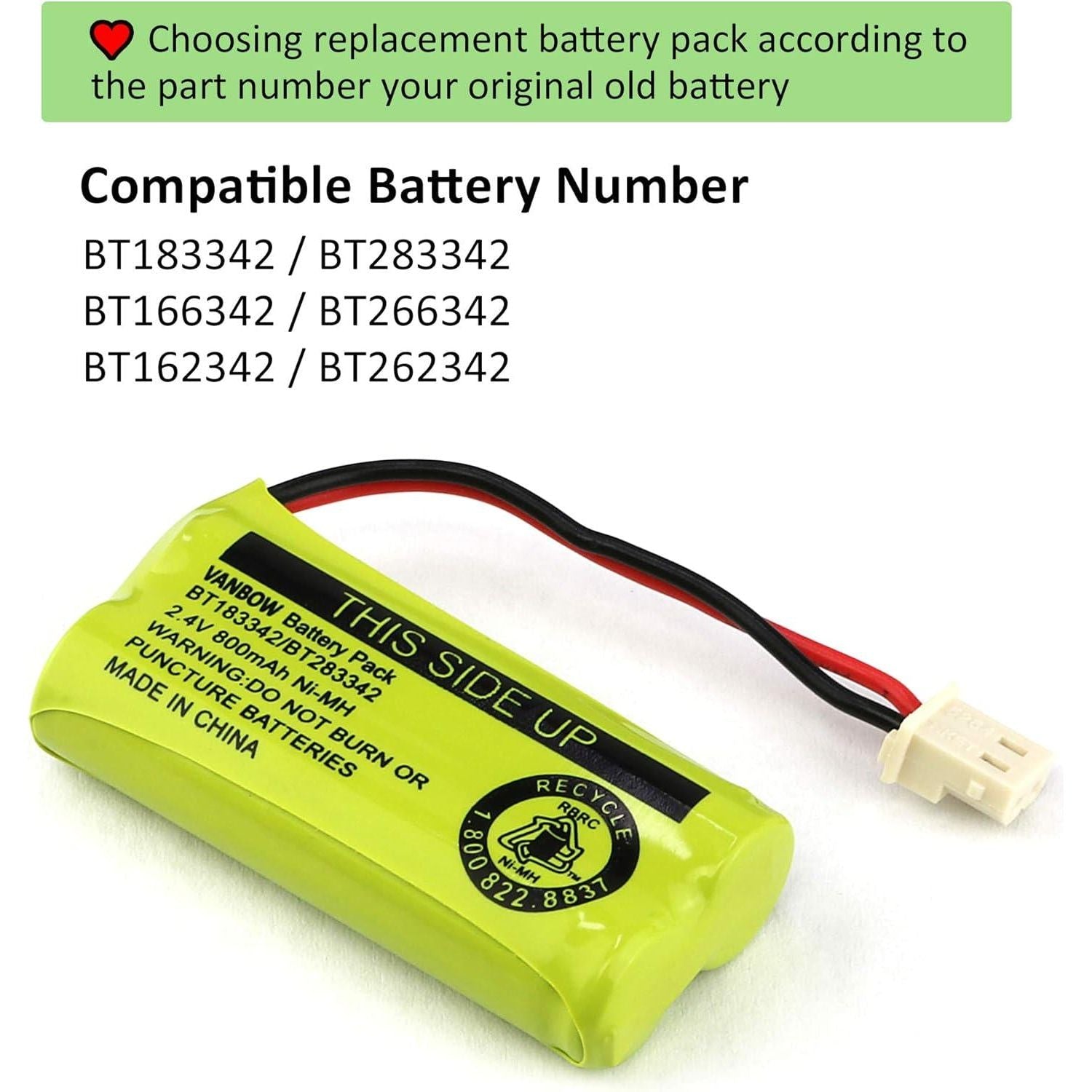 BT183342/BT283342 2.4V 800mAh Ni-MH Battery Compatible With AT&T VTech Cordless Phone Batteries BT166342/BT266342 BT162342/BT262342 CS6709 CS6609 CS6509 CS6409 EL52100 EL50003 (Pack 8),