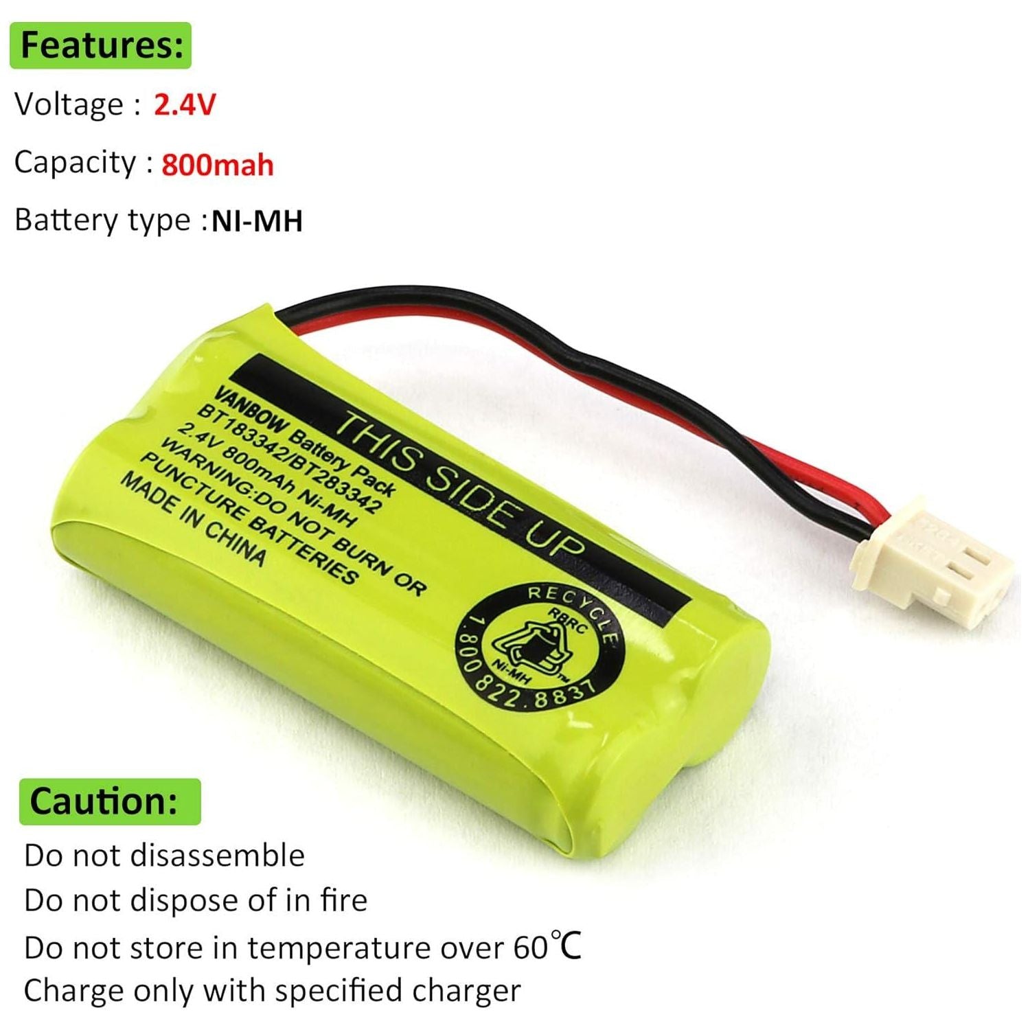 BT183342/BT283342 2.4V 800mAh Ni-MH Battery Compatible With AT&T VTech Cordless Phone Batteries BT166342/BT266342 BT162342/BT262342 CS6709 CS6609 CS6509 CS6409 EL52100 EL50003 (Pack 8),