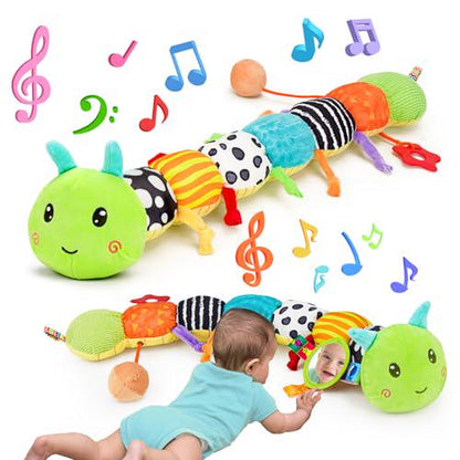 Baby Sensory Caterpillar Toy 0 6 Month with Music Mirror Rattle Crinkle Plush for Tummy Time Car Seat Infant Gift
