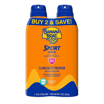 Banana Boat Banana Boat Sport Ultra SPF 50 Sunscreen Spray Twin Pack | Banana Boat Sunscreen Spray SPF 50, Spray On Sunscreen, Water Resistant Sunscreen, Oxybenzone Free Sunscreen Pack, 6oz Each