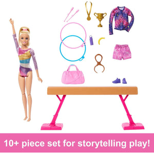 Barbie Gymnastics Playset Doll with Flipping Bar Balance Beam Warm Up Suit and Accessories