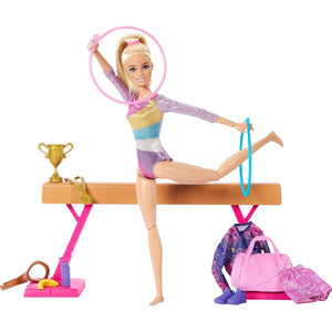 Barbie Gymnastics Playset Doll with Flipping Bar Balance Beam Warm Up Suit and Accessories