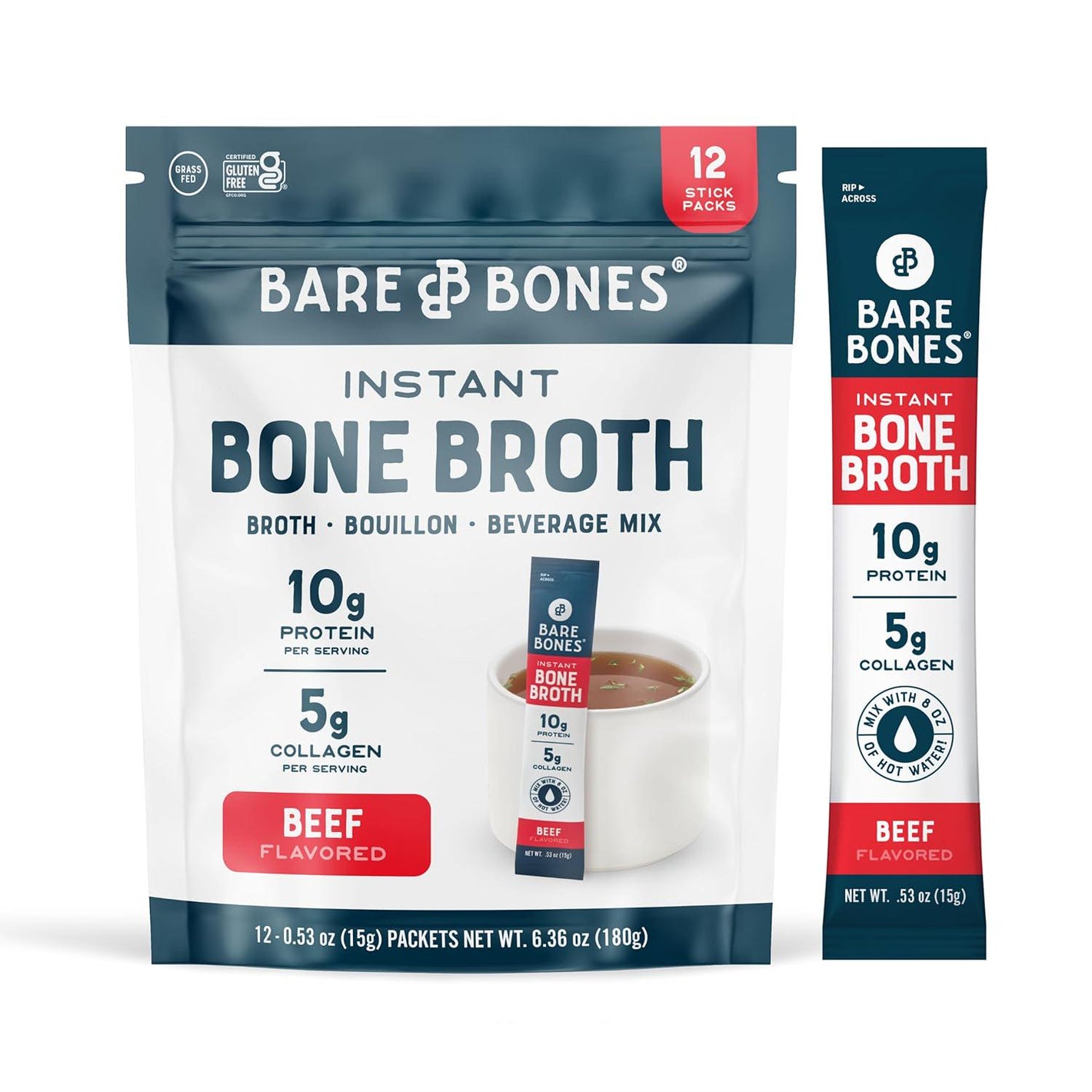 Bare Bones Bare Bones Beef Bone Broth Instant Powdered Mix | Rich Savory Packets On-the-Go No Artificial Flavors | 100% Grass Fed Keto And Paleo Friendly | 10g Protein | 12 Pack