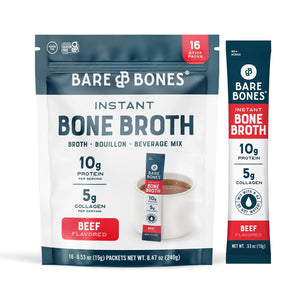 Bare Bones Bare Bones Beef Bone Broth Instant Powdered Mix | Rich Savory Packets On-the-Go No Artificial Flavors | 100% Grass Fed Keto And Paleo Friendly | 10g Protein | 16 Pack