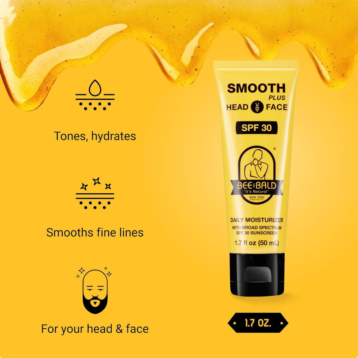Bee Bald SMOOTH PLUS Head And Face Moisturizer With SPF 30 Sunscreen Lotion Protecting Skin From Harmful UVA/UVB Rays While Hydrating, Moisturizing And Toning, 1.7 Fl Oz (Pack Of 2),