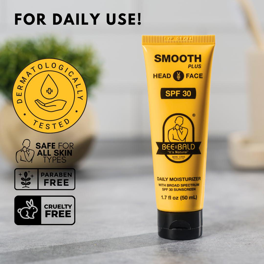 Bee Bald SMOOTH PLUS Daily Moisturizer With SPF 30 Broad Spectrum Sunscreen Tones, Hydrates And Moisturizes While Protecting Skin From Harmful UVA/UVB Rays, 1.7 Fl Oz,