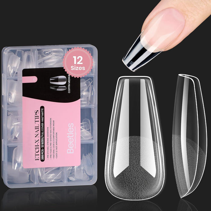 beetles Gel Polish Beetles Gel Nail Tips Medium Coffin Etch X Nail Tips, 12 Sizes 288Pcs Pre Shaped Half Matte Press On Nails Full Cover False Nails For Pastel Spring Nails Acrylic Fake Nails Nail Extensions Kit