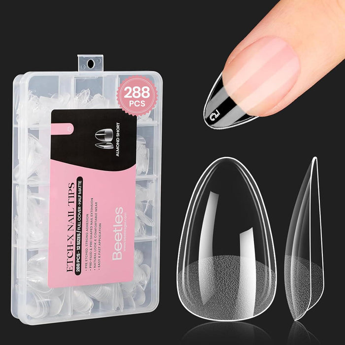 beetles Gel Polish Beetles Short Almond Nail Tips: 12 Sizes 288 PCS Half Matte Full Cover Gel Tips Clear Acrylic Gel Nail Tips Almond Shape For DIY Extension