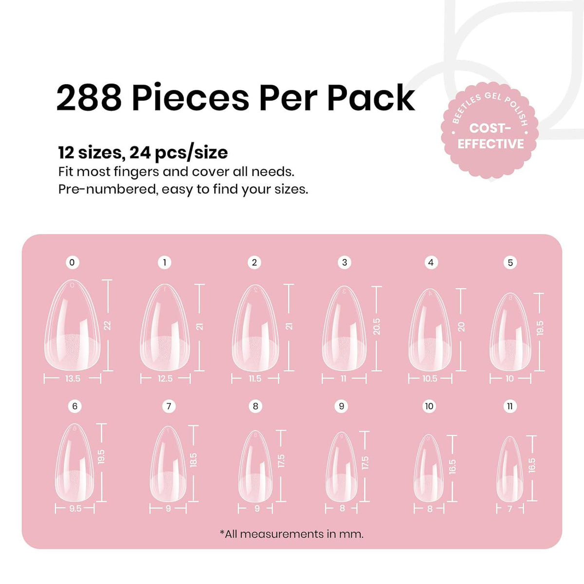 beetles Gel Polish Beetles Short Almond Nail Tips: 12 Sizes 288 PCS Half Matte Full Cover Gel Tips Clear Acrylic Gel Nail Tips Almond Shape For DIY Extension