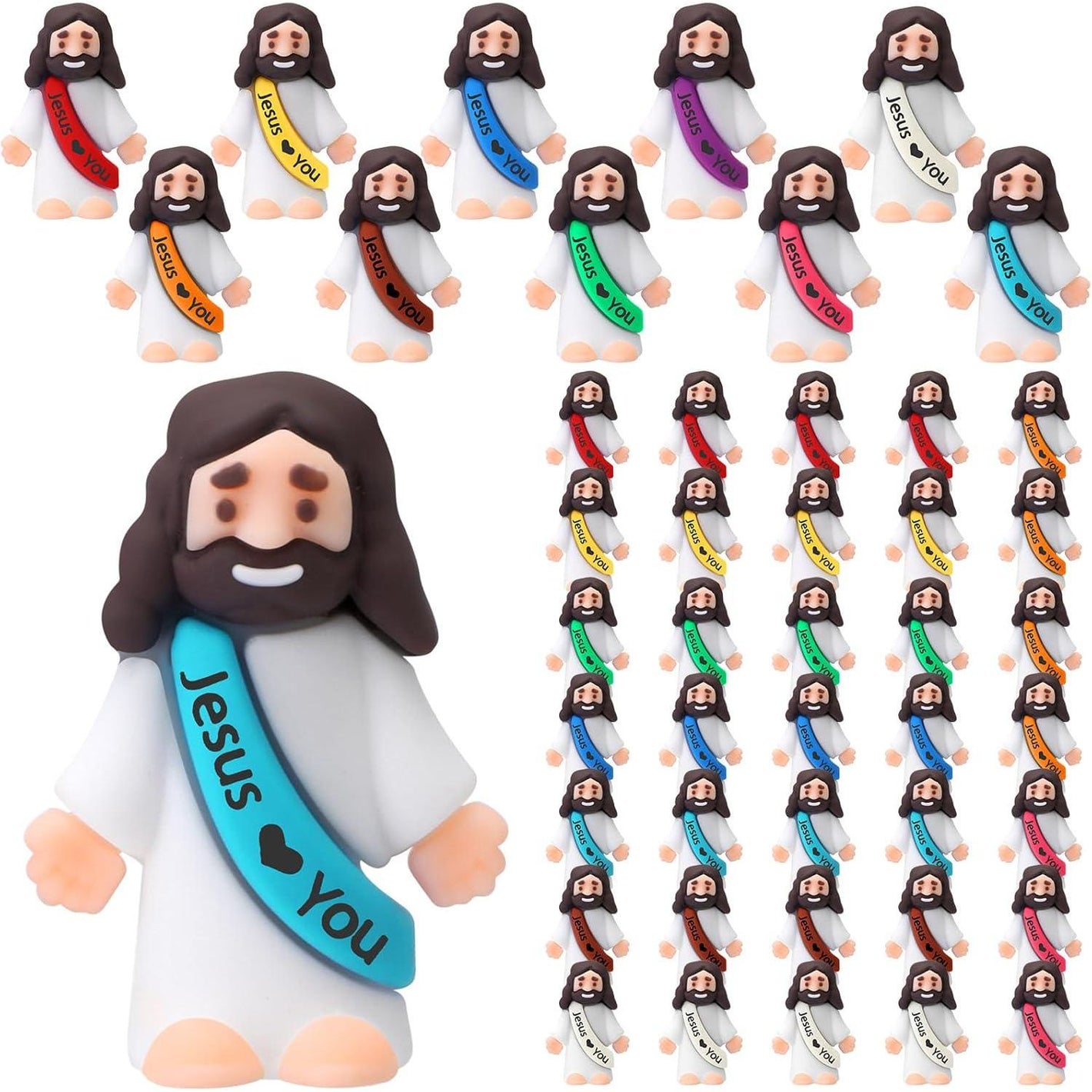 Bememo 50 Mini Jesus Figures Multicolor Easter Party Favors Christ Loves You Toy for Sunday School Egg Hunt Games