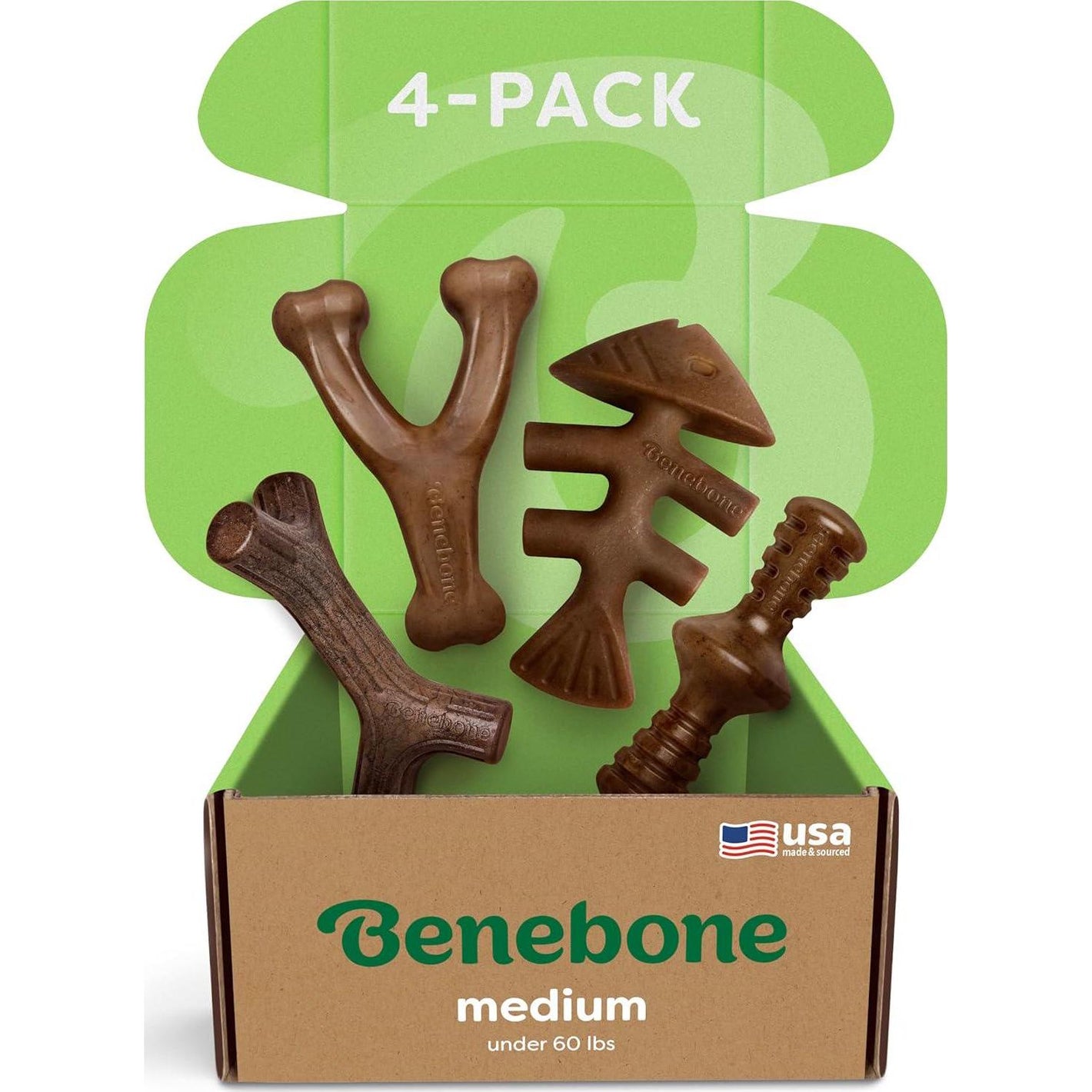 Benebone 4-Pack Dog Chew Toys, Aggressive Chewers, Made in USA, for Medium Dogs Up to 60 lbs