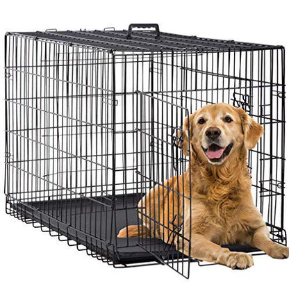 BestPet Folding Metal Dog Crate 42 Inch Double Door with Tray and Divider for Large Dogs Black