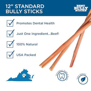 Best Bully Sticks 12 Inch 8 oz Pack Natural Grass Fed Grain Free Rawhide Free Treats for Medium Large Dogs