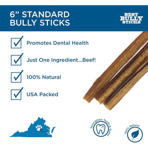 Best Bully Sticks 6" Bully Chews for Dogs, 8 oz Pack, Natural Grass-Fed Beef, Rawhide-Free, Medium Breeds