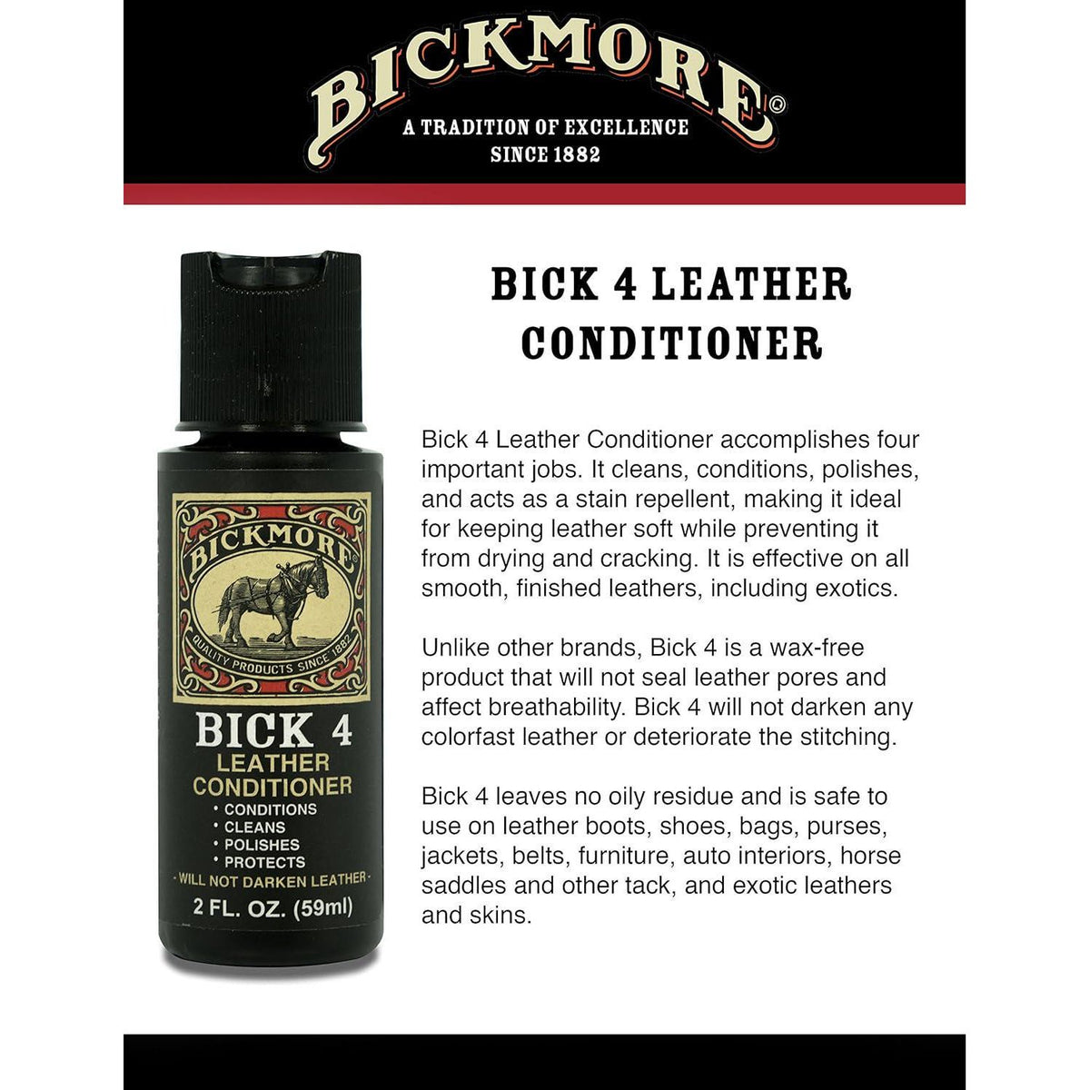 Bick 4 Leather Conditioner And Leather Cleaner 2 Oz - Will Not Darken Leather - Safe For All Colors Of Leather Apparel, Furniture, Jackets, Shoes, Auto Interiors, Bags And All Other Leather Accessories,