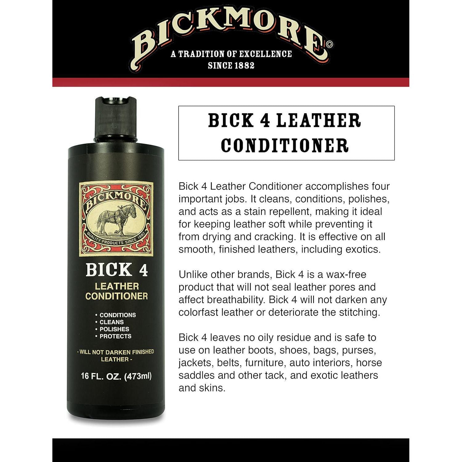 Bick 4 Leather Conditioner And Leather Cleaner 16 Oz - Will Not Darken Leather - Safe For All Leather Apparel, Furniture, Jackets, Shoes, Auto Interiors, Bags And All Other Leather Accessories,