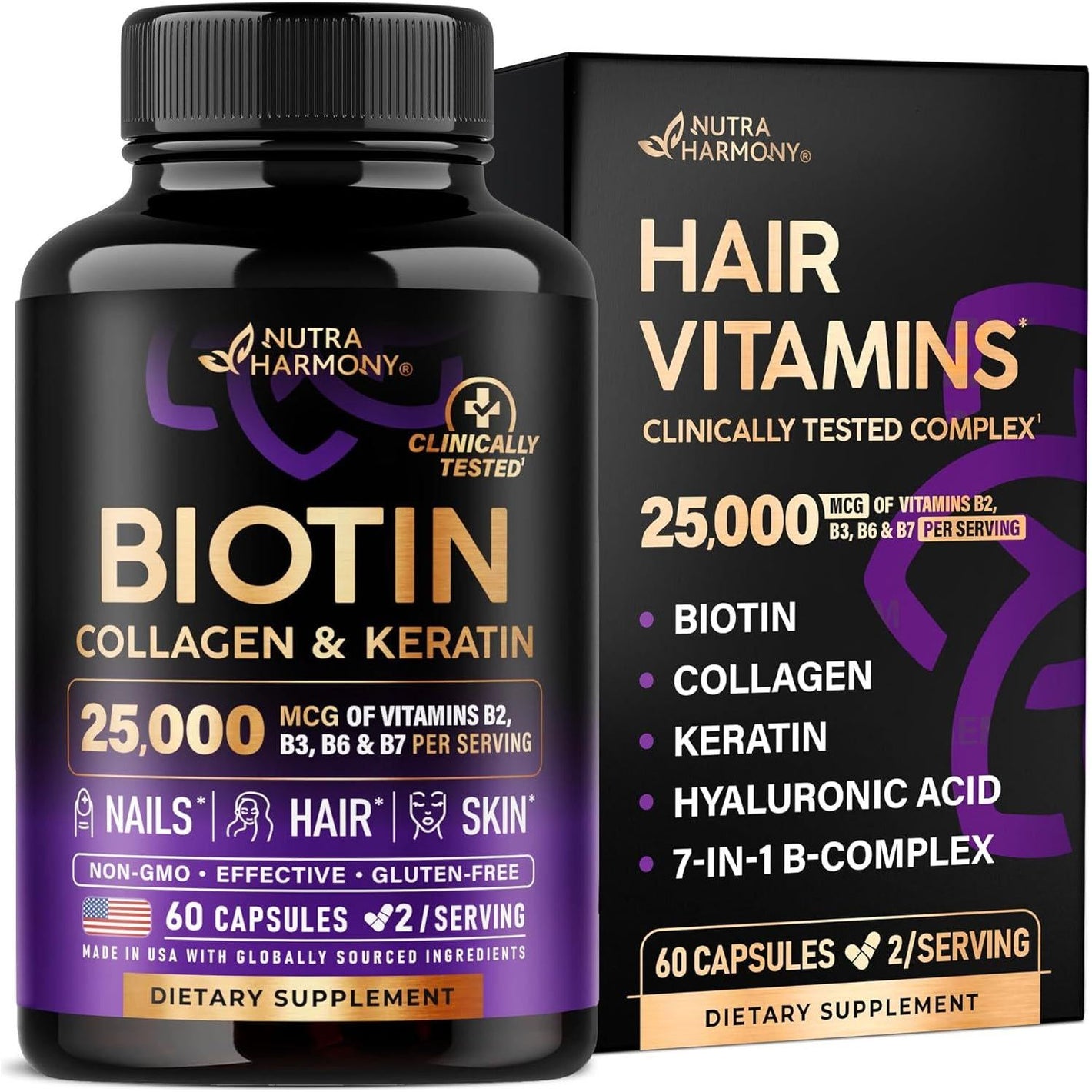 NUTRAHARMONY Biotin | Collagen | Keratin - Clinically Tested Supplement - Hair Growth Support, Skin And Nails - 25000 Mcg Vitamins B2, B3, B6 And B7 + B1 And Hyaluronic Acid - Made In USA - Women And Men | 60 Capsules