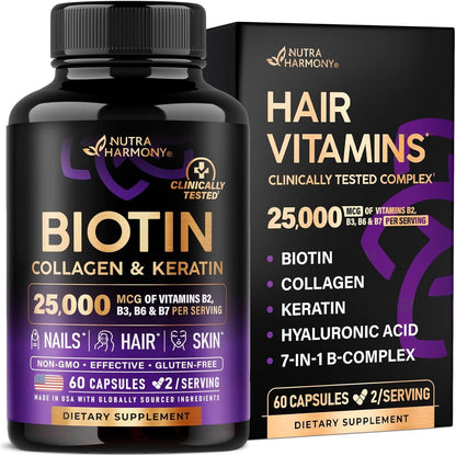 NUTRAHARMONY Biotin | Collagen | Keratin - Clinically Tested Supplement - Hair Growth Support, Skin And Nails - 25000 Mcg Vitamins B2, B3, B6 And B7 + B1 And Hyaluronic Acid - Made In USA - Women And Men | 60 Capsules