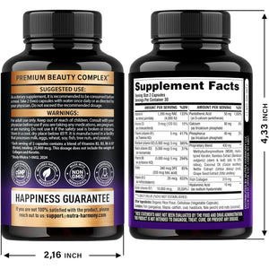 NUTRAHARMONY Biotin | Collagen | Keratin - Clinically Tested Supplement - Hair Growth Support, Skin And Nails - 25000 Mcg Vitamins B2, B3, B6 And B7 + B1 And Hyaluronic Acid - Made In USA - Women And Men | 60 Capsules