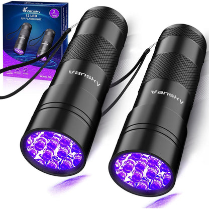 Black Light UV Light Flashlight: Vansky 395nm 12 LED 2 Pack Ultraviolet Blacklight Flashlight Mini Powerful Pet Urine Detector For Dog/Cat, Carpet Dry Stains Detection, Spot Scorpions, Resin Curing,