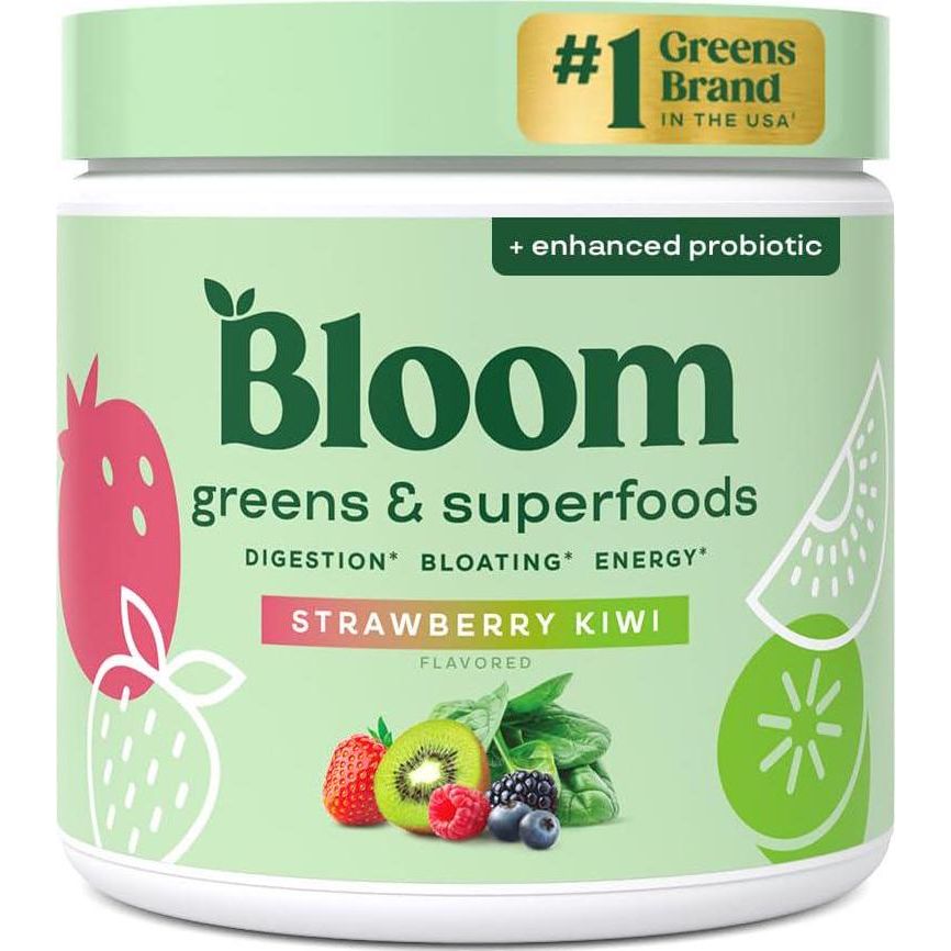 Bloom Nutrition Bloom Nutrition Greens And Superfoods Powder For Digestive Health, Greens Powder, Digestive Enzymes, Probiotics, Spirulina, Chlorella For Bloating And Gut Support, Green Juice, 30 SVG, Strawberry Kiwi