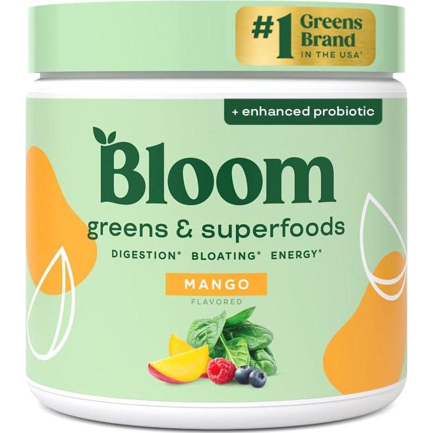 Bloom Nutrition Bloom Nutrition Superfood Greens Powder, Digestive Enzymes With Probiotics And Prebiotics, Gut Health, Bloating Relief For Women, Chlorella, Green Juice Mix With Beet Root Powder, 30 SVG, Mango
