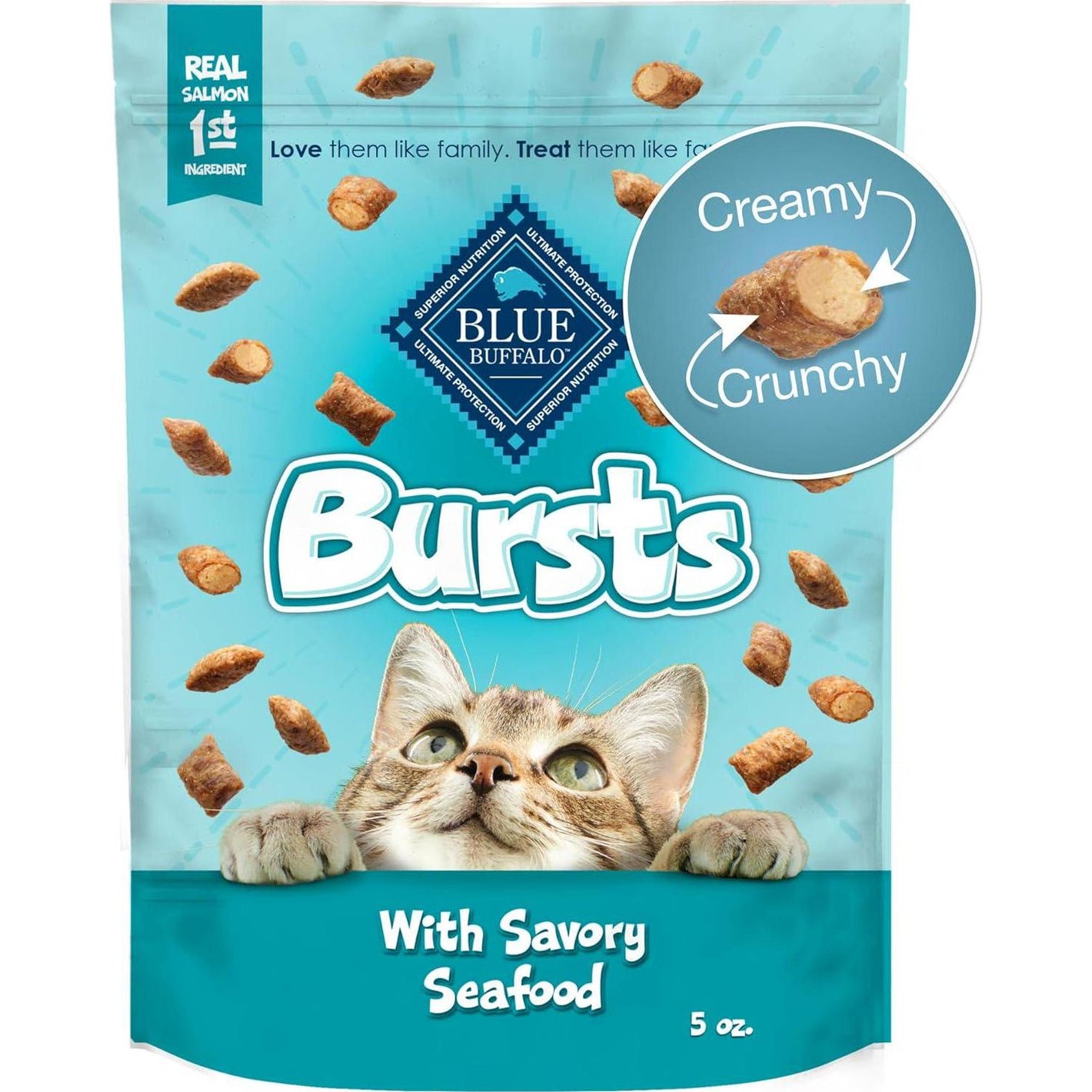Blue Buffalo Bursts Cat Treats, Crunchy Outside, Creamy Inside, Savory Seafood, 5 oz Bag
