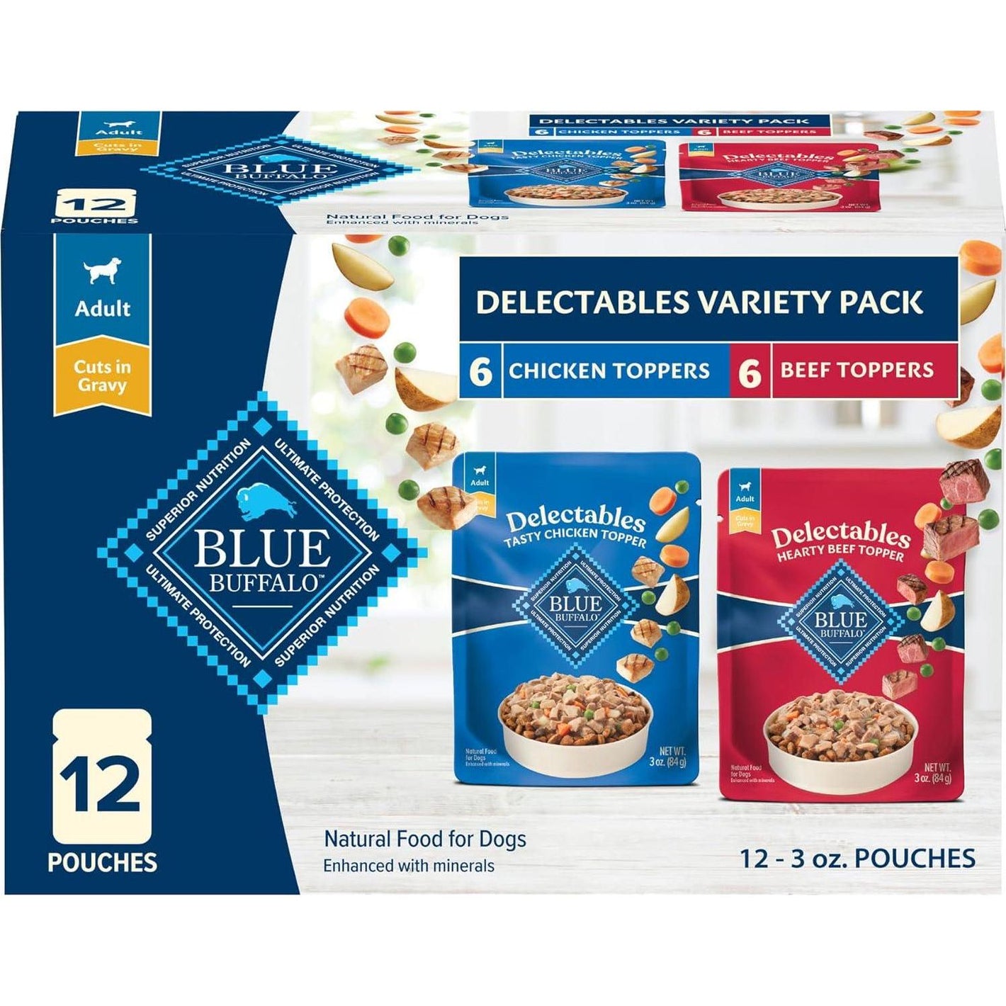 Blue Buffalo Delectables Wet Dog Food Toppers, 3 oz x 12 Pouches, Chicken & Beef Variety Cuts in Gravy