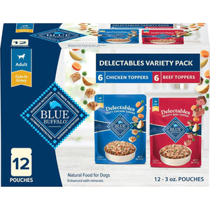 Blue Buffalo Delectables Wet Dog Food Toppers, 3 oz x 12 Pouches, Chicken & Beef Variety Cuts in Gravy