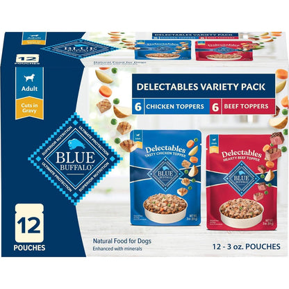 Blue Buffalo Delectables Wet Dog Food Toppers, 3 oz x 12 Pouches, Chicken & Beef Variety Cuts in Gravy