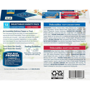 Blue Buffalo Delectables Wet Dog Food Toppers, 3 oz x 12 Pouches, Chicken & Beef Variety Cuts in Gravy
