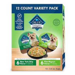 Blue Buffalo Delights Wet Dog Food 3.5 oz Cups 12 Count Filet Mignon and NY Strip in Hearty Gravy