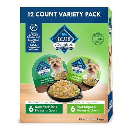 Blue Buffalo Delights Wet Dog Food 3.5 oz Cups 12 Count Filet Mignon and NY Strip in Hearty Gravy