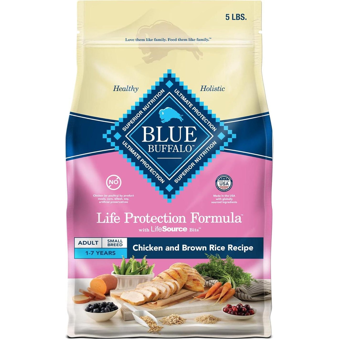 Blue Buffalo Small Breed Adult Dog Food Chicken and Brown Rice 5 lb Dry Kibble Natural Ingredients