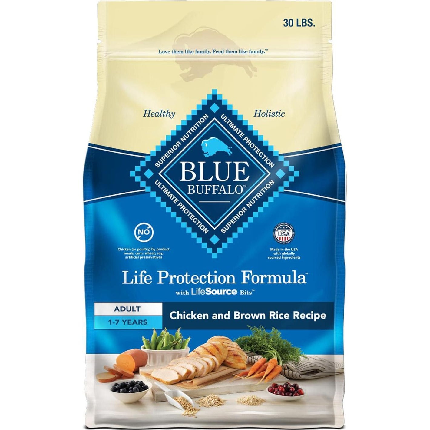 Blue Buffalo Life Protection Adult Dog Food 30 lb Chicken and Brown Rice Dry Kibble for Muscle Health