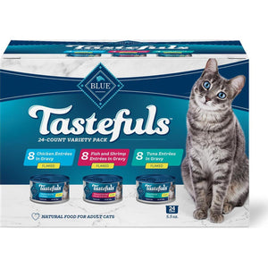Blue Buffalo Tastefuls Wet Cat Food Variety Pack 24 Count 5.5 oz Flaked Tuna Chicken Fish and Shrimp Cans Natural Ingredients