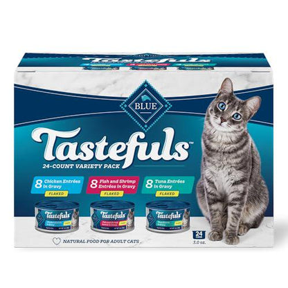 Blue Buffalo Tastefuls Flaked Wet Cat Food Variety Pack, 3 oz Cans x 24, Tuna, Chicken, Fish & Shrimp in Gravy