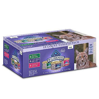 Blue Buffalo Wilderness Wet Cat Food Variety Pack, 3 oz Cans x 12, High Protein Chicken, Salmon, Duck