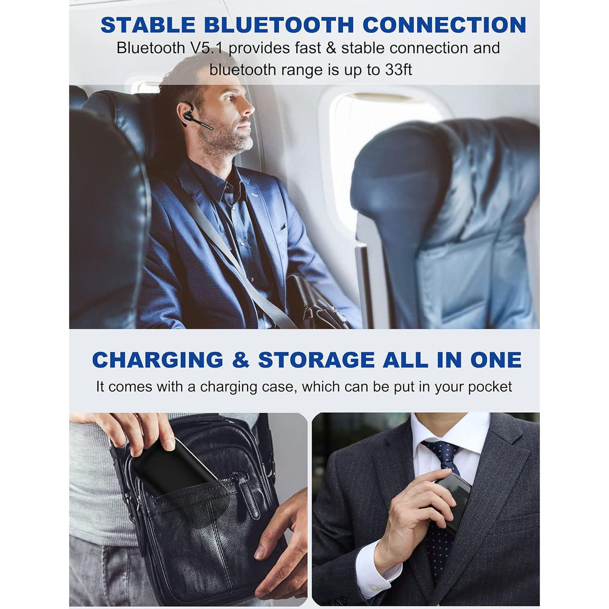 Bluetooth Headset V5.1, Wireless Headset With Battery Display Charging Case, Bluetooth Earpiece With Noise Canceling Mic For Driving, Office, Business, Compatible With Cell Phone And PC,