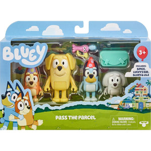 Bluey Figure 4-Pack, Pass The Parcel 2.5-3 Inch, Bingo, Lucky's Dad And Lila Character Figures With Accessories,