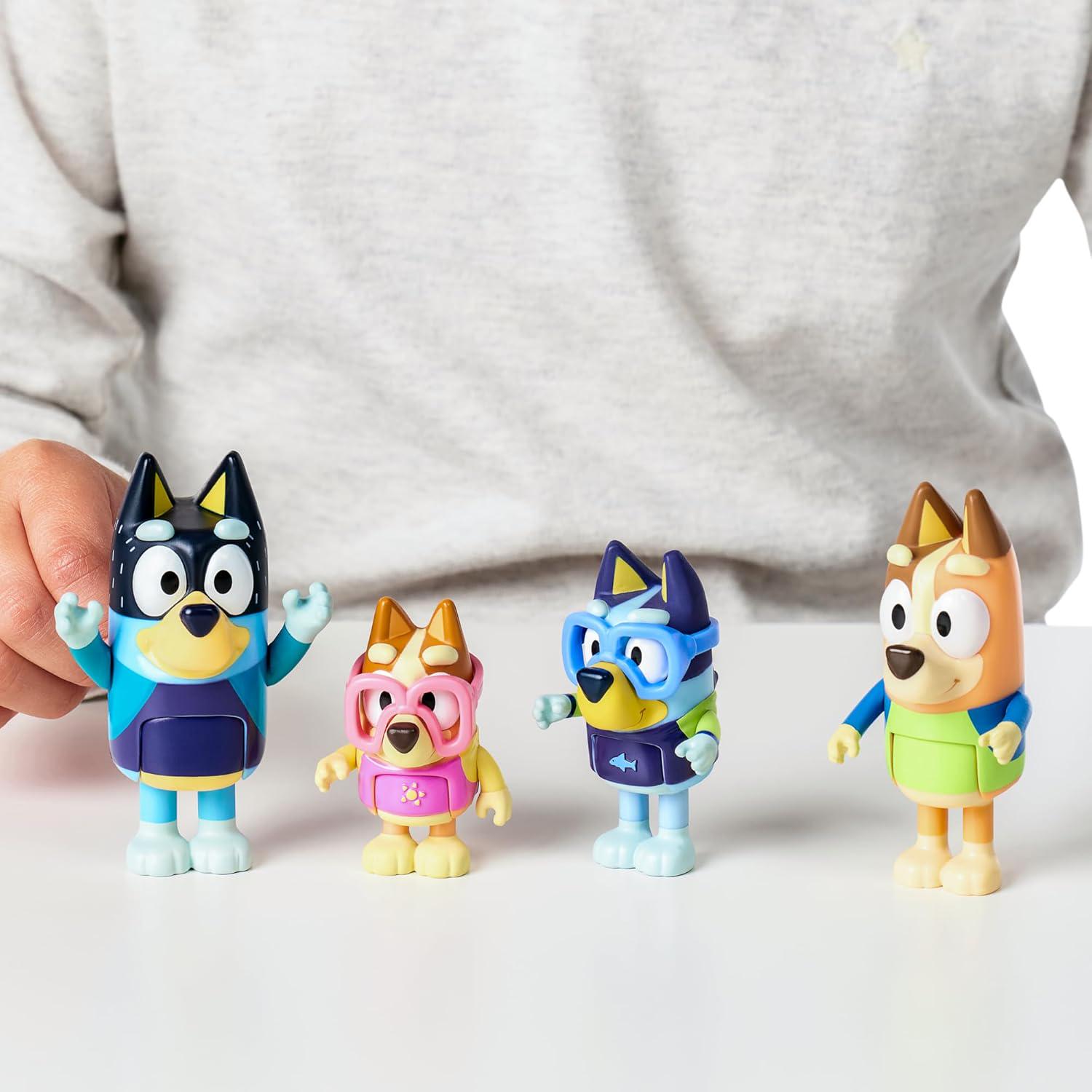 Bluey Figure 4-Pack, Family Beach Day 2.5-3 Inch, Bingo, Bandit And Chilli Character Figures With Accessories,