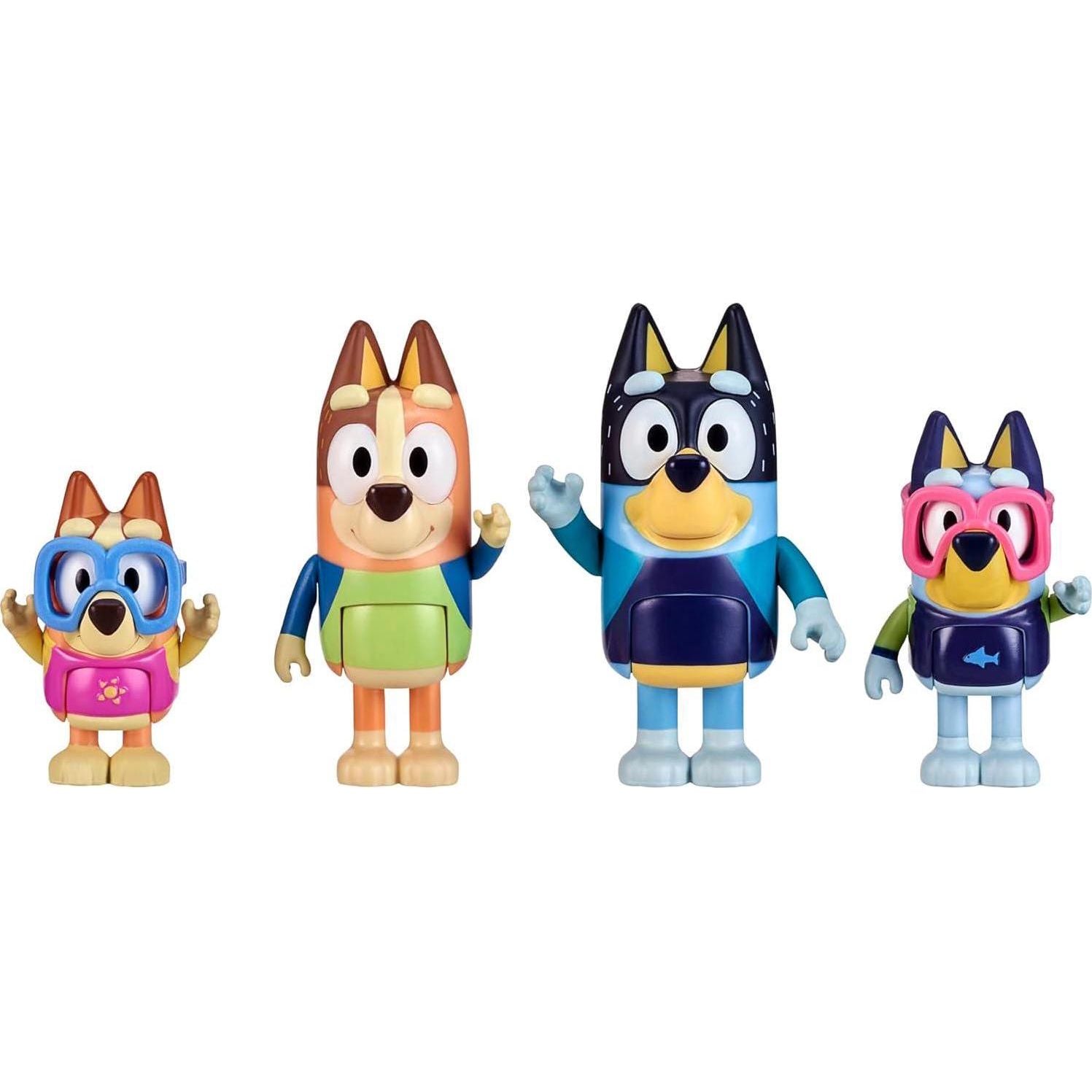 Bluey Figure 4-Pack, Family Beach Day 2.5-3 Inch, Bingo, Bandit And Chilli Character Figures With Accessories,