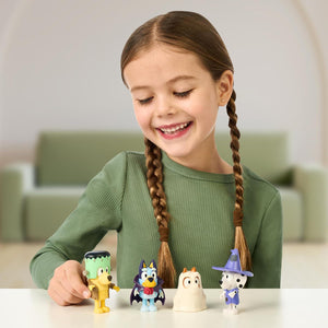 Bluey Figure 4-Packs, Halloween, 2.5 Poseable Figures Of Bluey, Bingo, Chloe And Lucky Dressed In Halloween Costumes, With Accessories, Kids Can Recreate Their Favorite Moments From The Bluey TV Show,