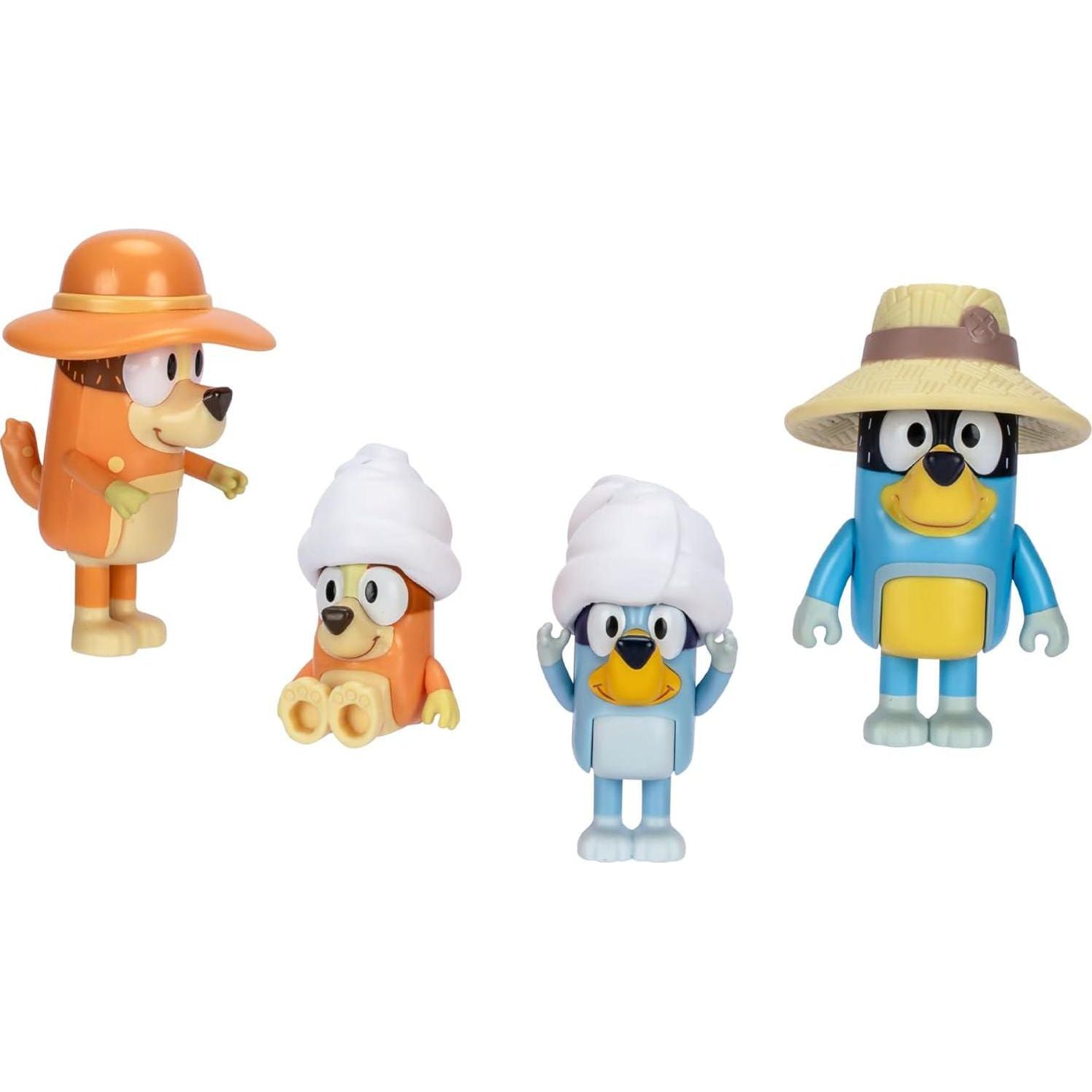 Bluey Figure 4-Packs, Family Trip, 2.5 Inch Poseable Figures Of Bluey, Bingo, Bandit And Chilli, With Accessories, Kids Can Recreate Their Favorite Moments From The Bluey TV Show,