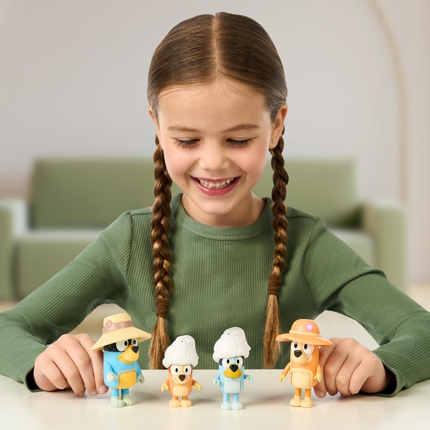 Bluey Figure 4-Packs, Family Trip, 2.5 Inch Poseable Figures Of Bluey, Bingo, Bandit And Chilli, With Accessories, Kids Can Recreate Their Favorite Moments From The Bluey TV Show,