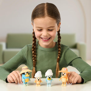 Bluey Figure 4-Packs, Family Trip, 2.5 Inch Poseable Figures Of Bluey, Bingo, Bandit And Chilli, With Accessories, Kids Can Recreate Their Favorite Moments From The Bluey TV Show,