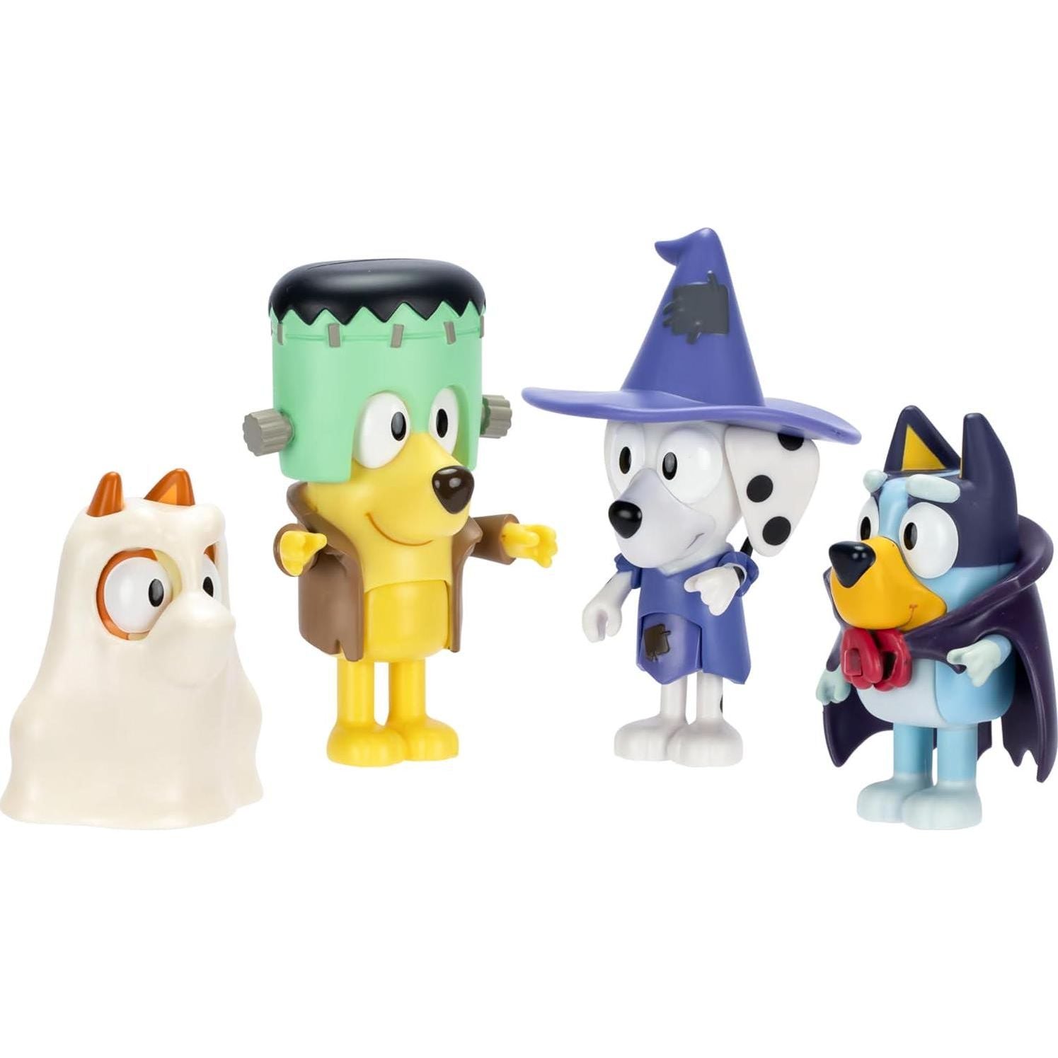 Bluey Figure 4-Packs, Halloween, 2.5 Poseable Figures Of Bluey, Bingo, Chloe And Lucky Dressed In Halloween Costumes, With Accessories, Kids Can Recreate Their Favorite Moments From The Bluey TV Show,