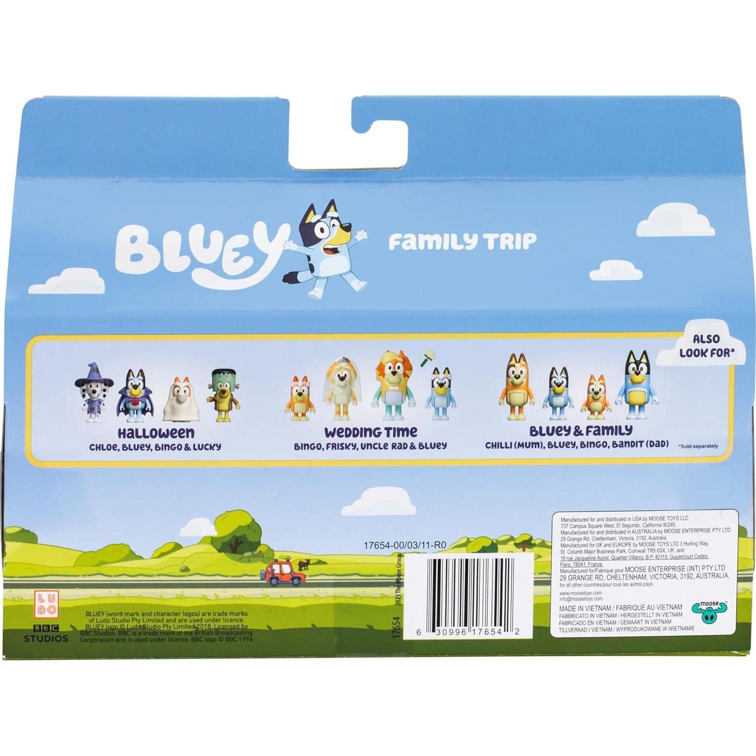 Bluey Figure 4-Packs, Family Trip, 2.5 Inch Poseable Figures Of Bluey, Bingo, Bandit And Chilli, With Accessories, Kids Can Recreate Their Favorite Moments From The Bluey TV Show,